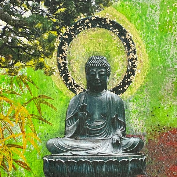 Joyful Serenity - Original Asian Fusion Wall Art Mixed Media Painting 8"x10" - Picture 3 of 10